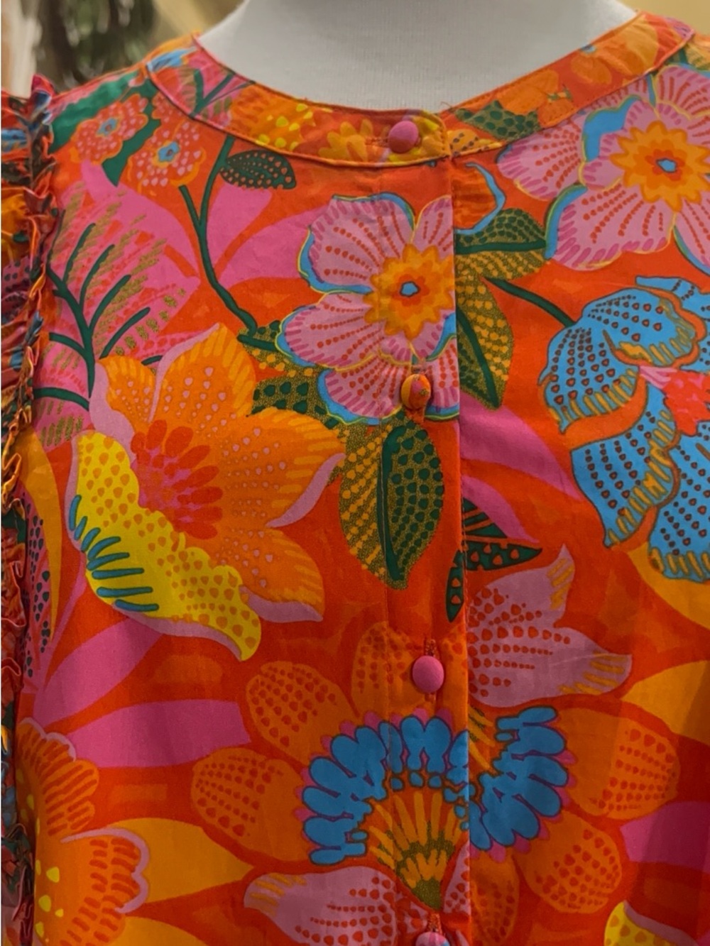 Bright Floral Ruffle Sleeve Top - Pink & Orange - Picture 5 of 6